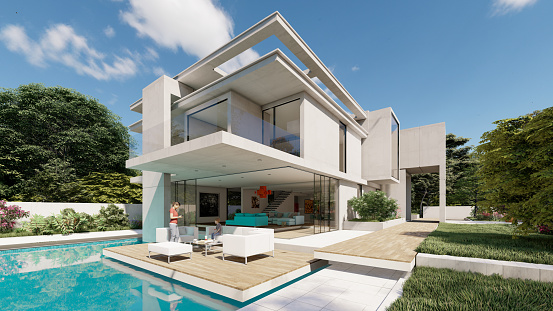 Exterior Of Luxurious Modern Villa With Swimming Pool And Garden.