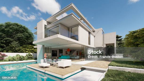 Upscale Modern Mansion With Pool Stock Photo - Download Image Now - House, Swimming Pool, Luxury