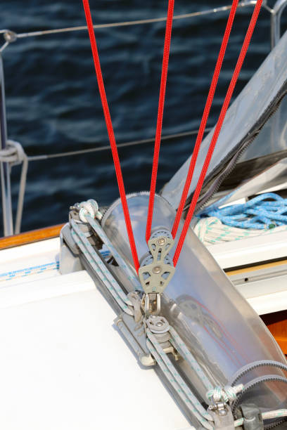 Close up look of the yacht equipment and the deck. Photograph taken on a sunny day. stock photo
