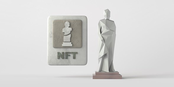 Non fungible token of digital art. NFT of sculpture with figure of woman in marble. 3D illustration. Copy space.