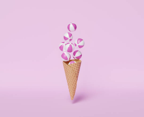 cookie ice cream cone with beach balls floating on top. concept of summer, vacation, cool, heat, food and fun. 3d rendering