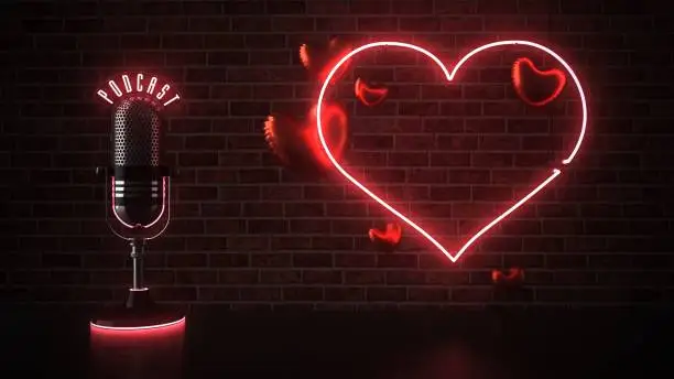 A podcast microphone with a heart neon sign. 3d illustration.