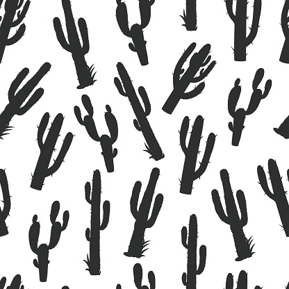 Monochorome vintage seamless pattern with prickly cactuses with grass and several stems, vector illustration