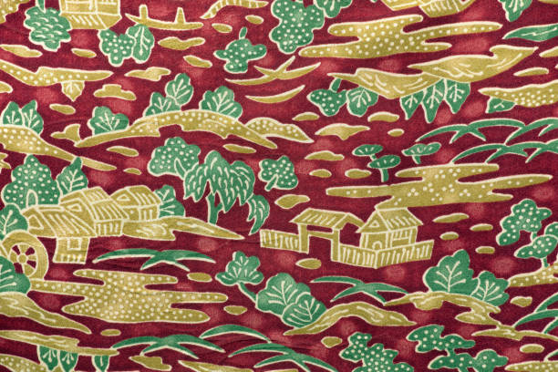 Old vintage silk japanese fabric close-up with traditional  pattern.