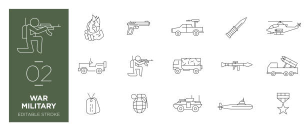 ilustraciones, imágenes clip art, dibujos animados e iconos de stock de iconos de líneas de guerra militares - ilustración libre de derechos - trazo editable - computer icon symbol knife terrorism