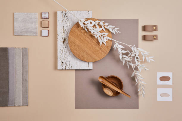 istock Creative flat lay composition with textile and paint samples, panels and cement tiles. Stylish interior designer mood board. Light beige colour palette. Copy space. Template. 1384259444