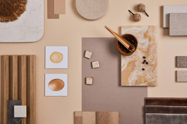 istock Flat lay of stylish architect moodboard composition with beige samples of textile, paint, wooden lamella panels and tiles. Top view. Copy space. Template. 1384259446