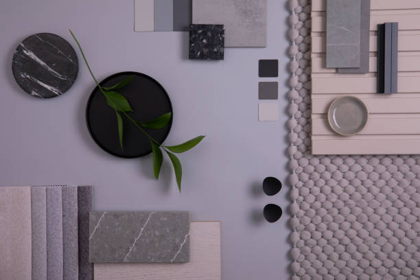 istock Elegant  flat lay composition in grey and black color palette with textile and paint samples, lamella panels and tiles. Architect and interior designer moodboard. Top view. Copy space. 1384259467