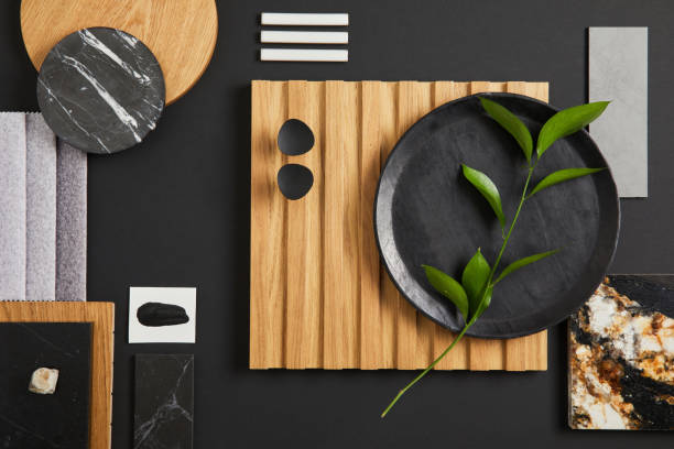 istock Stylish flat lay comosition of creative architect moodboard with black, beige and grey samples of textile, paint, wooden lamella panels and marble tiles. Top view. Copy space. Template.