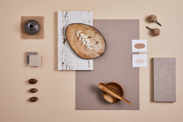 istock Creative flat lay composition with textile and paint samples, panels and cement tiles. Stylish interior designer moodboard. Light beige color palette. Copy space. Template. 1384259553
