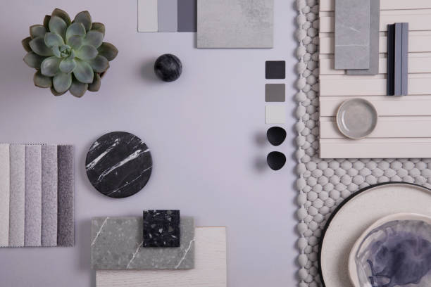 istock Elegant  flat lay composition in grey and black color palette with textile and paint samples, lamella panels and tiles. Architect and interior designer moodboard. Top view. Copy space. 1384259561