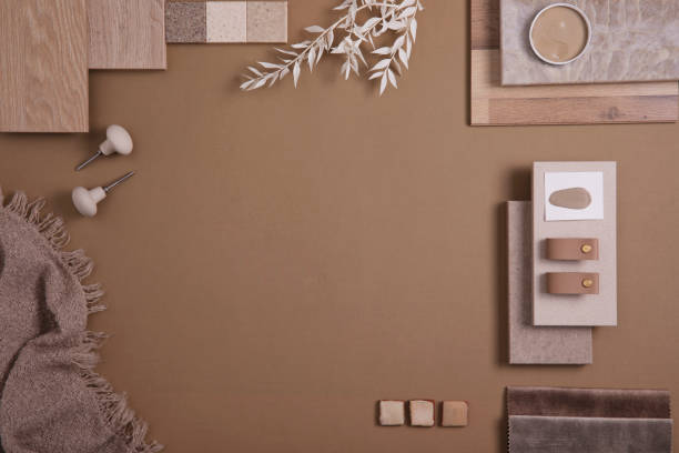 istock Flat lay of creative architect moodboard composition with samples of textile, paint, panels and tiles. Natural materials. Beige and brown color palette. Top view. Copy space. Template.