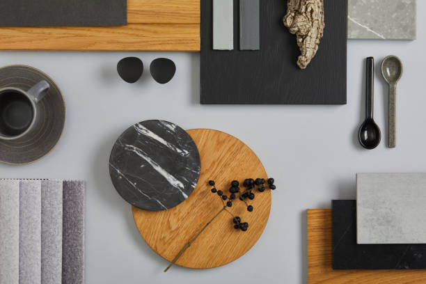 istock Elegant architect moodboard flat lay composition in light grey, black and brown color palette with textile and paint samples, wooden panels and marble tile. Top view. Copy space. Template. 1384259576