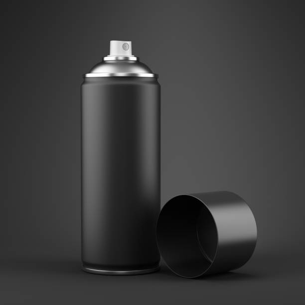 istock Blank aluminum black can of spray paint on gray background - 3d rendering. 1384261837