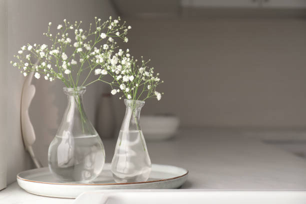 istock Vases with gypsophila flowers on countertop in kitchen, space for text. Interior design 1384261886