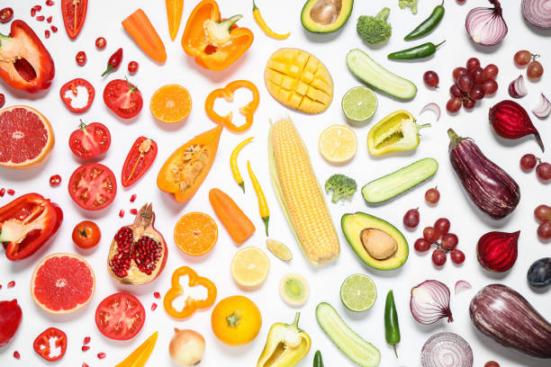 istock Composition with fresh organic fruits and vegetables on white background, top view 1384263076