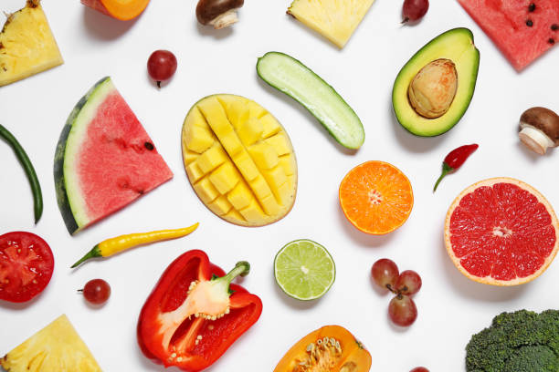 istock Composition with fresh organic fruits and vegetables on white background, top view 1384263543