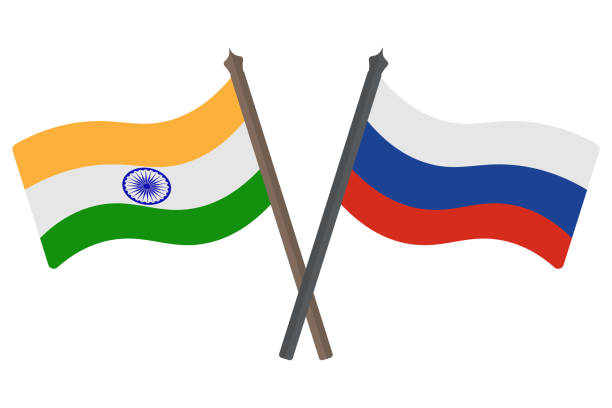 Flag of Russia and India. Banner crossed among themselves. Color vector illustration. Symbols of the states. Political themes. Flat style. Flag of Russia and India. Banner crossed among themselves. Color vector illustration. Symbols of the states. Political themes. Flat style. National sign. Isolated background. Idea for web design. strategic themes stock illustrations