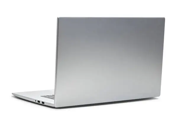 Backside of silver laptop on white. This file is cleaned, retouched and contains clipping path.
