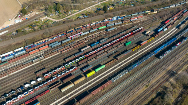 istock Railyard, shunting yard and freight trains - aerial view 1384265807