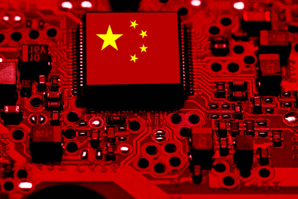 istock Chinese National Flag overlaid on PC micro chip on integrated circuit 1384266884