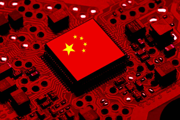 istock Chinese National Flag overlaid on PC micro chip on integrated circuit 1384267064