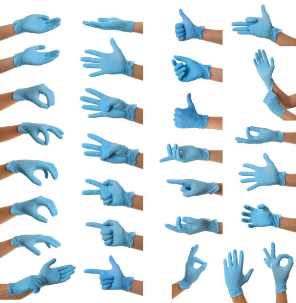 proteggi le mani - indossa guanti di gomma. foto in collage su sfondo bianco - glove surgical glove human hand protective glove foto e immagini stock