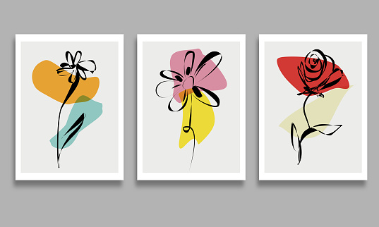 Vector set of trendy posters with abstract line hand drawing of rose and sunflower flower illustration modern art minimalism concept homemade card design banner background