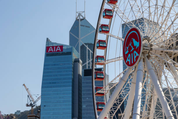 Hong Kong - March 10, 2022 : Signage for AIA Group Ltd. on the Hong Kong Observation Wheel and AIA Central building in Hong Kong.