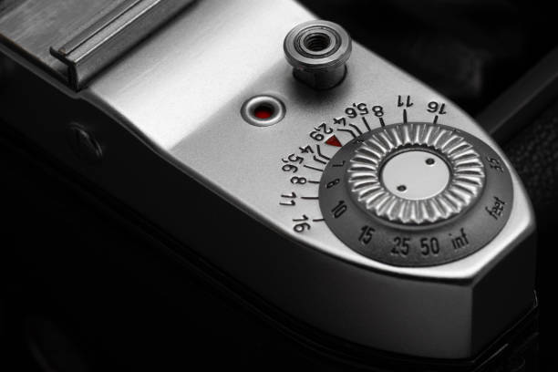 Depth of field scale and shutter release button of old film camera