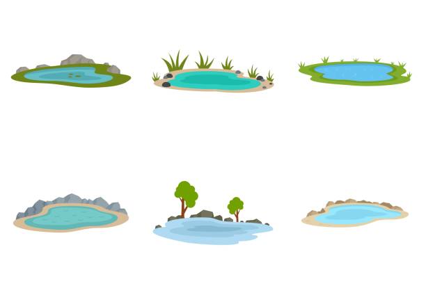 ilustraciones, imágenes clip art, dibujos animados e iconos de stock de iconos de lago establecidos vector plano aislado - charca