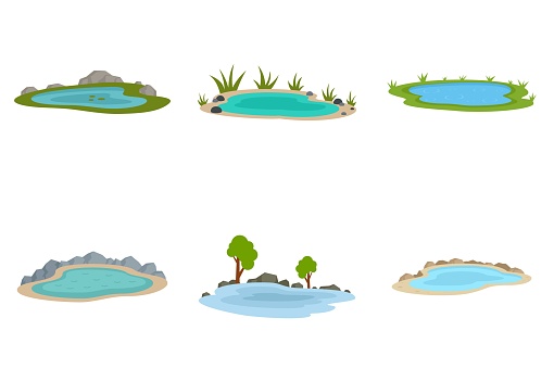 Lake icons set. Flat set of lake vector icons isolated on white background