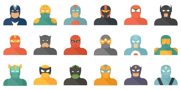 Superhero icons set flat vector isolated Superhero icons set. Flat set of superhero vector icons isolated on white background cosplay character stock illustrations