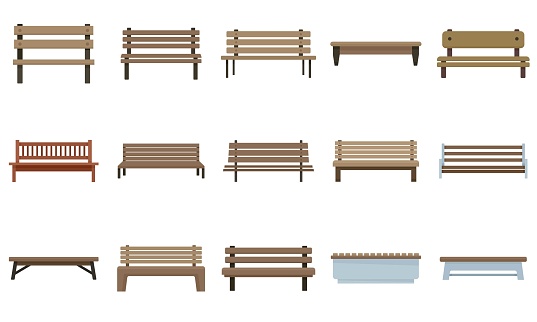 Bench icons set. Flat set of bench vector icons isolated on white background