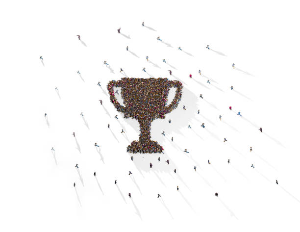 Large group of people forming a trophy symbol