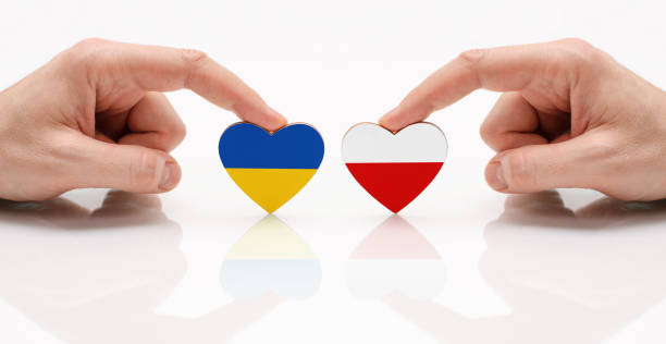 The concept of friendship and diplomatic relations between Poland and the Ukraine. T The concept of friendship and diplomatic relations between Poland and the Ukraine. Two male hands are holding flags in the shape of a heart on a glass table. solidarity labor union stock pictures, royalty-free photos & images