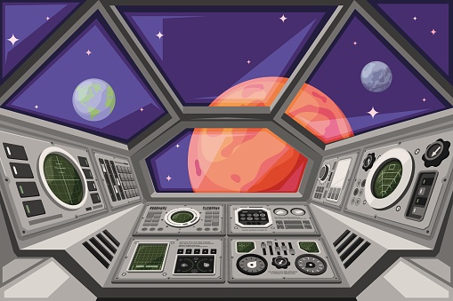 Spaceship cabin. Futuristic interface of spacecraft with user dashboard panels controlling systems garish vector cartoon background. Spaceship cabin interior, station futuristic illustration