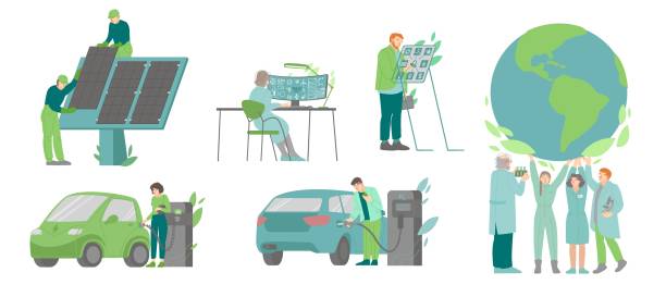 Ecological energy set. Global warming concept. Vector illustration Ecological energy collection. Automobile with hydrogen motor. H2 fuel production laboratory. Zero emissions car, electrical engine. Global warming, clean transportation concept. Vector illustration zero emission vehicle stock illustrations
