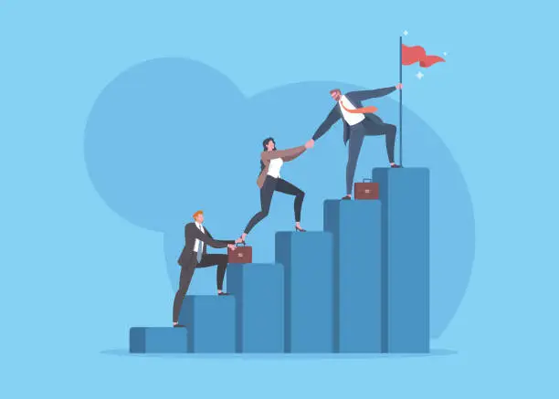 Vector illustration of Successful teamwork, business goals, company vision, career growth, upskill, mentorship or business cooperation concept. Group of office workers are climbing and help together to the top of step.