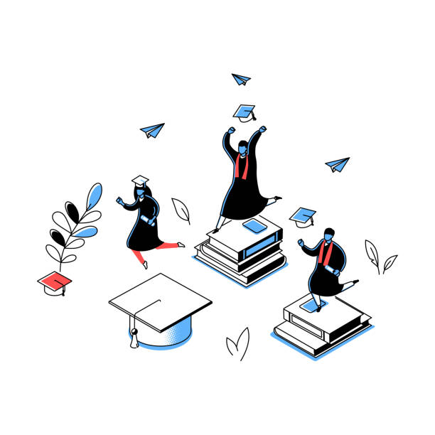 Graduation concept - modern line isometry design style illustration Graduation concept - modern line isometry design style illustration. Detailed picture with students in academic caps and mantles, celebrating, holding diplomas, jumping, happy people idea, adult pics for graduation free stock illustrations