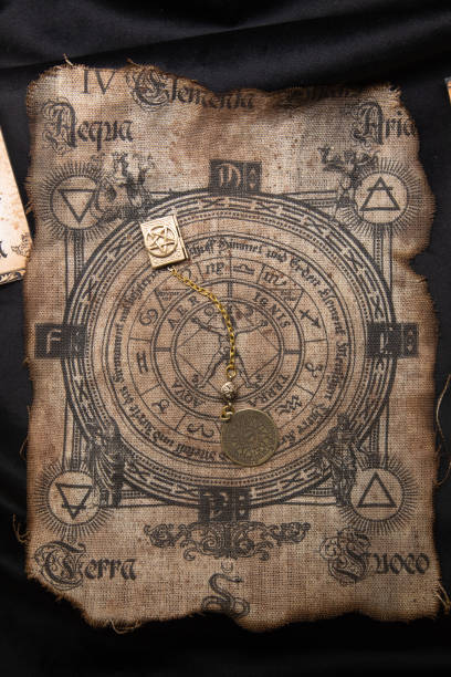 istock Ancient esoteric witchcraft background. Occultims and paganism old symbol, with mysterious runes alphabet 1384278549