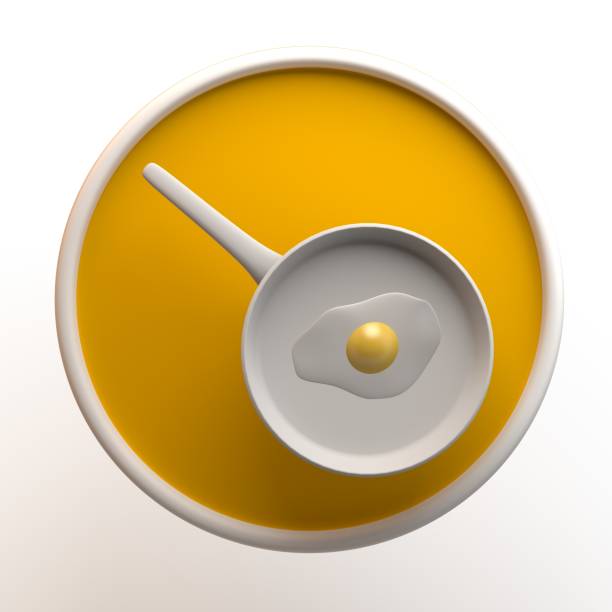 Kitchen icon with frying pan and fried egg isolated on white background. App. 3D illustration.