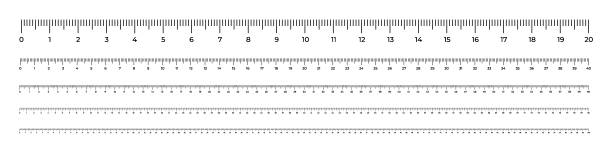 ilustrações de stock, clip art, desenhos animados e ícones de vector illustration ruler scales 20, 40, 60, 80, 100 cm isolated on white background. measure instrument lines in flat style. horizontal measuring scale. markup for rulers. bar level 1 meter template. - 100 meter