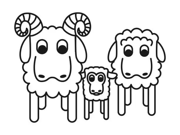 Vector illustration of Line art black and white geometric stylized sheep family