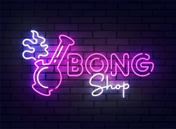 Bong neon sign, bright signboard, light banner. Bong shop logo neon, emblem and label. Vector illustration Bong neon sign, bright signboard, light banner. Bong shop logo neon, emblem and label. Vector illustration bong stock illustrations