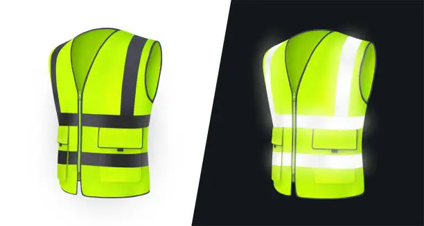 Vector illustration of Safety vest day and night. Safety vest front side. Yellow, light green jacket with reflective stripes. Vest for construction works, drivers and road workers with reflective tape. Realistic 3d vector