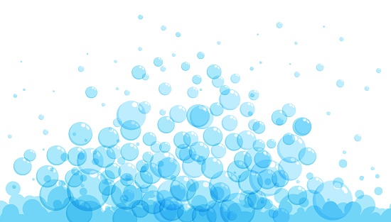 Soap bubbles in cartoon style. A foam sample with blue round shapes. Vector illustration of a card with shampoo or drinking foam. Simple soap background. Oxygen circles fly up