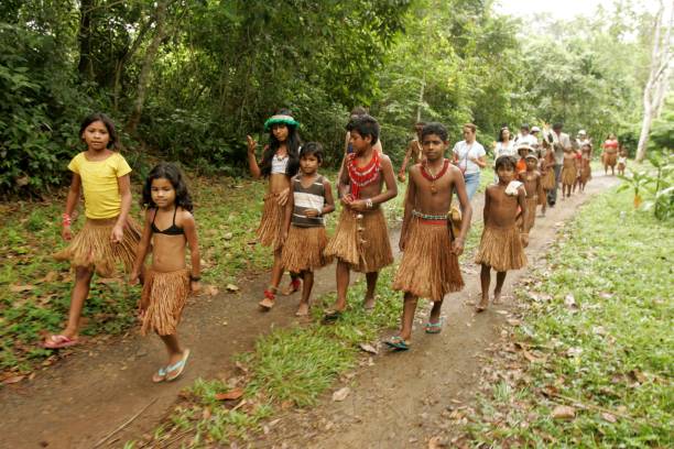 porto seguro, bahia, brazil - october 20, 2012: Indians of the Pataxo ethnicity are seen in the village of Pe do Monte, located in the Monte Pascoal National Park in the municipality of Porto Seguro, in the south of Bahia.