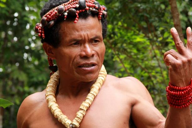 porto seguro, bahia, brazil - october 20, 2012: Indians of the Pataxo ethnicity are seen in the village of Pe do Monte, located in the Monte Pascoal National Park in the municipality of Porto Seguro, in the south of Bahia.