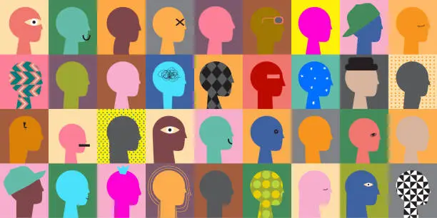 Vector illustration of Crowd of young and elderly abstract men, women and children. Diverse group of stylish people standing together. Society or population, social diversity. Flat simple cartoon vector illustration.